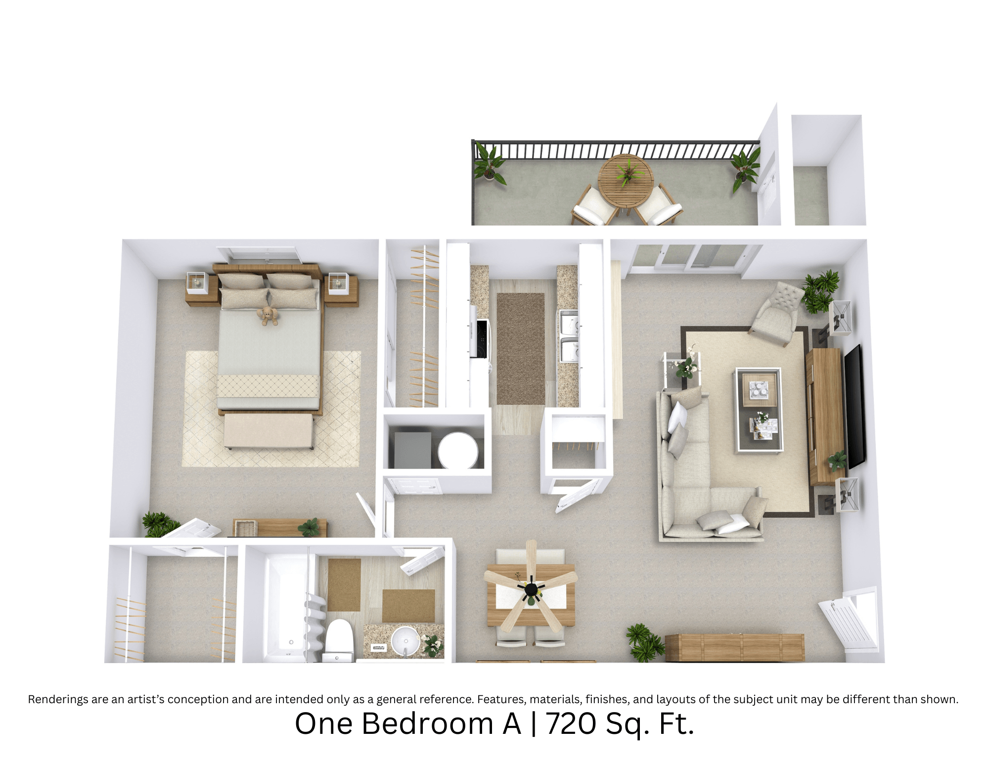 Floor plan for 1 bed, 1 bath, 720 sqft